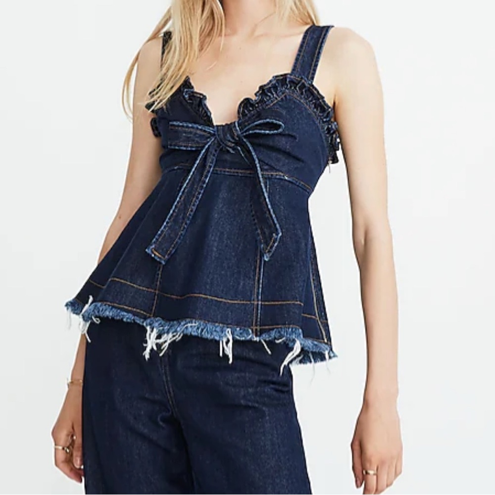Madewell x Karen Walker raw edge denim Trianon bow top. Size 16